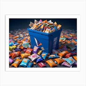 A Blue Recycling Bin Filled With An Overflowing Amount Of Colorful Chip Bags Art Print