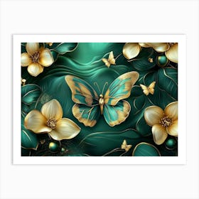 3d Abstract Floral Background With Green Flowers And Golden Butterfly Painting Art Print