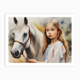 Little Girl With White Horse - Ai Art Print