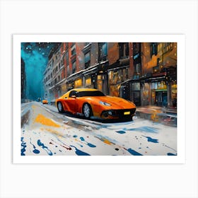 DX20240602-10 Vibrant Yellow Sports Car in Snowy Cityscape Art Print