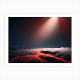 A Stylized, Minimalist Landscape With A River Of Red Lava Flowing Through A White Desert Art Print