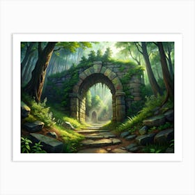 A Stone Archway Covered In Vines And Moss, Leading Through A Lush Green Forest Art Print