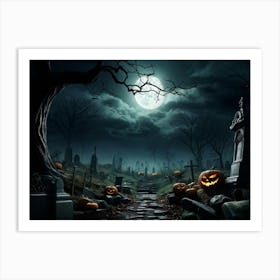 Art Landscape Pumpkin Holiday Design Halloween Fear Moon Skittish Green Grave Dark Scene (32) Art Print