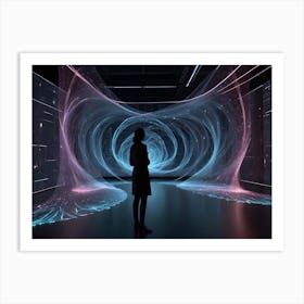 A Lone Woman Stands Silhouetted Against A Futuristic, Digital Artwork Displayed On Multiple Screens, Showcasing Swirling Blue And Pink Energy Fields Art Print