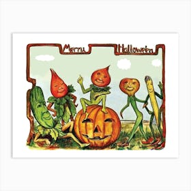 Merry Vegetables In Garden With Carved Pumpkin, Halloween Poster Art Print