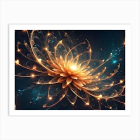 A Golden, Luminous Flower With Intricate Patterns Blooms Against A Dark Background, Radiating Light And Ethereal Particles Art Print