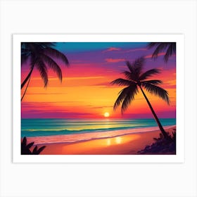 A Tranquil Beach At Sunset Horizontal Illustration 38 Art Print