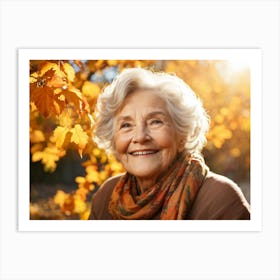 Elderly Woman Radiating Joy Amidst Crisp Autumn Leaves Close Up Orange Yellow Foliage Surrounding (1) Art Print