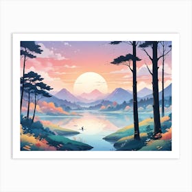 A Peaceful Illustration Of A Lake Surrounded By Trees, Mountains, And A Large, Colorful Sun Art Print