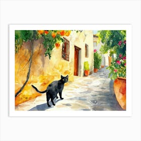 Rhodes, Greece   Cat In Street Art Watercolour Painting 4 Art Print