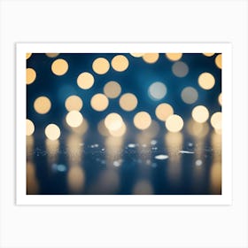 A Blurred Background Of Golden Bokeh Lights On A Dark Blue Surface, Creating A Warm And Inviting Atmosphere Art Print