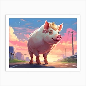 Pig On The Road Art Print