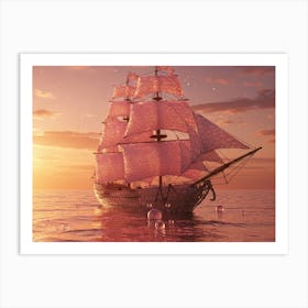 Pink Ship At Sunset Póster