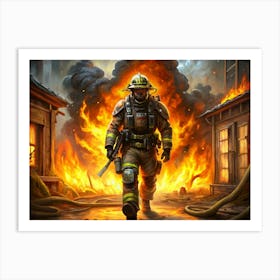 Firefighter In Protective Gear Walking Through Flames 1 Art Print