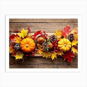 Autumn Themed Table Decor Featuring An Assortment Of Yellow And Orange Leaves Acorns Amidst A Garde (3) Art Print