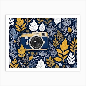 A Vintage Camera Rests Amidst A Dense Pattern Of Stylized Leaves In Shades Of Yellow, White, And Blue On A Dark Blue Background Art Print