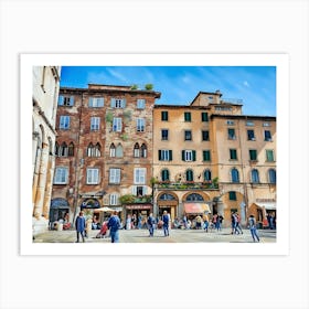 Piazza dell'Anfiteatro in Lucca. The vibrant Piazza dell'Anfiteatro in Lucca, Italy, is a unique elliptical square built on the remains of an ancient Roman amphitheater. Surrounded by colorful historic buildings, the square is bustling with life, featuring outdoor cafes, shops, and visitors enjoying the lively atmosphere. 2 Art Print