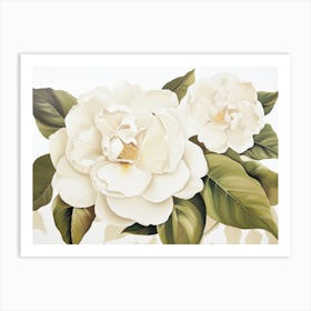 Floral Wall Art, Camelia. Living Room Art print in Green and beige soft colors Art Print