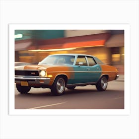 A Vintage Car Driving Down A City Street With Blurred Background And Warm Lighting Art Print