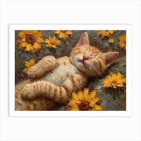 Whiskered Masterpieces: A Feline Tribute to Art History: Cat Sleeping With Sunflowers Art Print