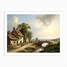 A Village Scene With A Bridge 1855 Art Print