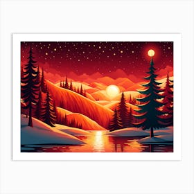 Christmas red Winter Landscape In The Mountains, Christmas days, Christmas concept art, Christmas vector art, Vector Art, Christmas art, Christmas, Christmas trees 9 Art Print