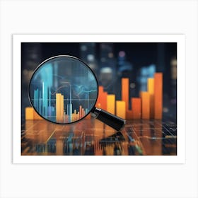 Magnifying Glass Focusing On A Rising Bar Graph, With A City Skyline In The Background, Representing Financial Analysis And Growth 1 Art Print