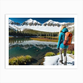 Woman trekking at snowy winter Alps, Rocky Mountains 8 Art Print