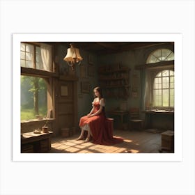 A Young Woman In A Red Dress Sits In A Rustic Room With Wooden Furniture And Large Windows Overlooking A Forest Art Print