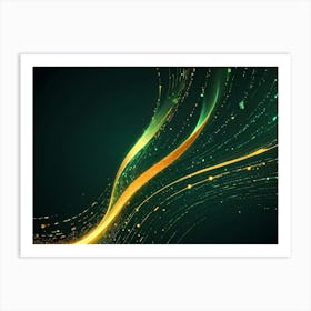 Abstract Background With Flowing Golden And Green Lines Of Light On A Dark Background Art Print