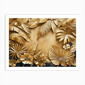 3d Tropical Leaves Art Background Golden 2 Art Print