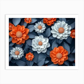 3d Colorful Flowers With Leaves Seamless Pattern, Orange And White Dahlia Flowers Painting Art Print