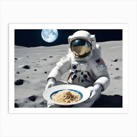 A Photograph Of An Astronaut In A Spacesuit, Sitting On The Moon, Holding A Plate Of Spaghetti Art Print