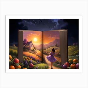 Woman Walking Toward A House On A Hillside With A Book Opening Behind Her Art Print