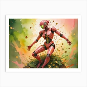 A Pink Female Robot Surrounded By Gold Coins Jumps In Celebration Against A Colorful, Abstract Background Art Print