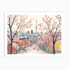 Tokyo Cherry Blossom Landscape Watercolour Art Print