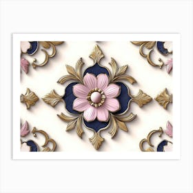 Seamless Sculpture Retro Pattern Curve Cross with Pink Flower, Leaf and Gold Frame Line Art Print