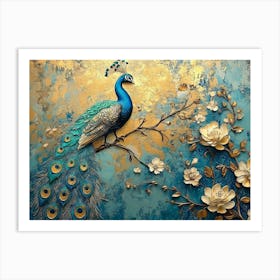 Exquisite Vintage Inspired Artistic Abstract, Floral Peacocks and Gold Accents Art Print