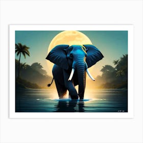 Elephant Bull at Full Moon Crossing a River in minimal Water Art Color Art Print