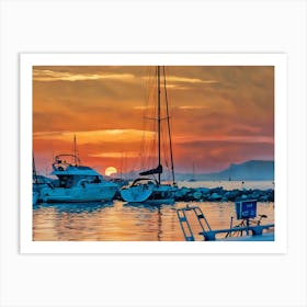 Sunset Harbor in Var Riviera. A picturesque scene of a harbor at sunset, with several sailboats docked along a rocky pier. The sky is ablaze with vibrant orange and red hues, with the sun partially obscured by clouds on the horizon. The water reflects the warm colors of the sky, creating a serene and tranquil atmosphere. The sailboats are silhouetted against the sunset, their masts reaching towards the sky. 3 Art Print