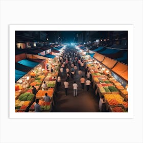 Crowded Night Market With Food Stalls And People Shopping Art Print