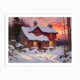 Red Cabin At Sunset Art Print