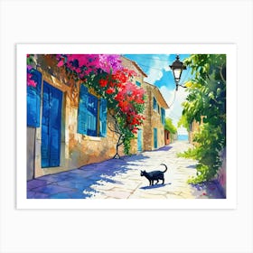 Larnaca, Cyprus   Cat In Street Art Watercolour Painting 1 Art Print