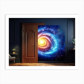 Wooden Door Ajar Revealing The Swirling Arms Of A Vast Spiral Galaxy Intricate Patterns Of Yellow Art Print