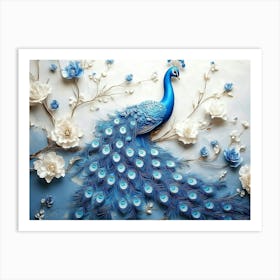 3d Artwork Background Blue Peacock on Branch 3 Art Print