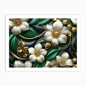 Luxury Floral Seamless with Flowers Elegant Leather Texture Illustration Background in Golden, Green, White 1 Art Print