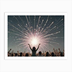 An Image Of A Crowd Of People Silhouetted Against A Night Sky With A Large Display Of Fireworks Art Print