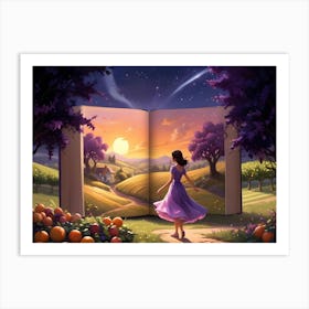 Woman Walking Toward A House On A Hillside With A Book Opening Behind Her 1 Art Print