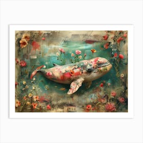 White whale In Flowers. Vintage style illustration. Wall art 04 Art Print