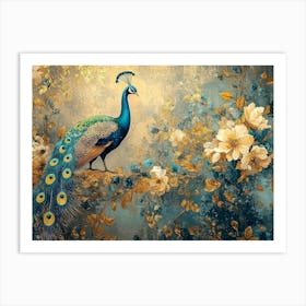 Vintage Artistic Background with Abstract Floral, Peacocks and Golden Textured Art Print